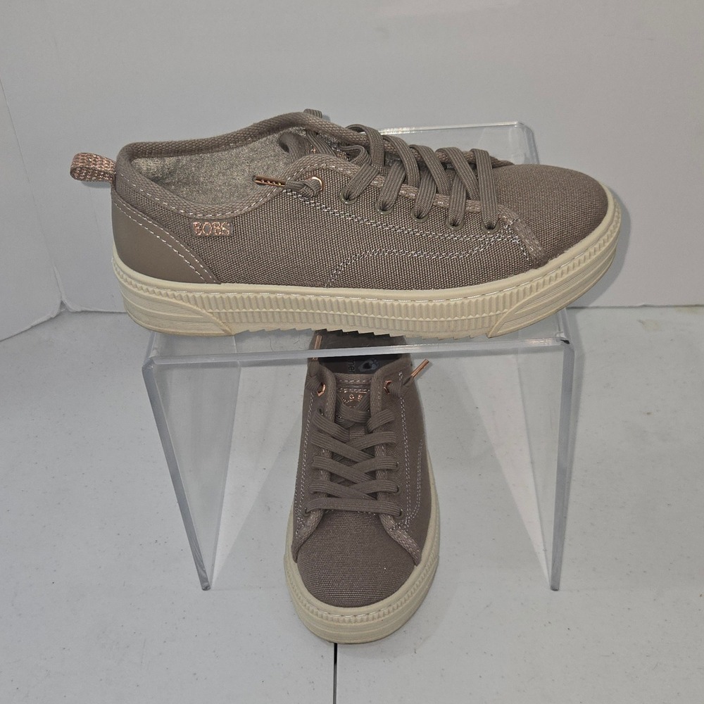 BOBS from Skechers Women 6 Taupe Canvas Platform Sneaker 114640 Memory Foam